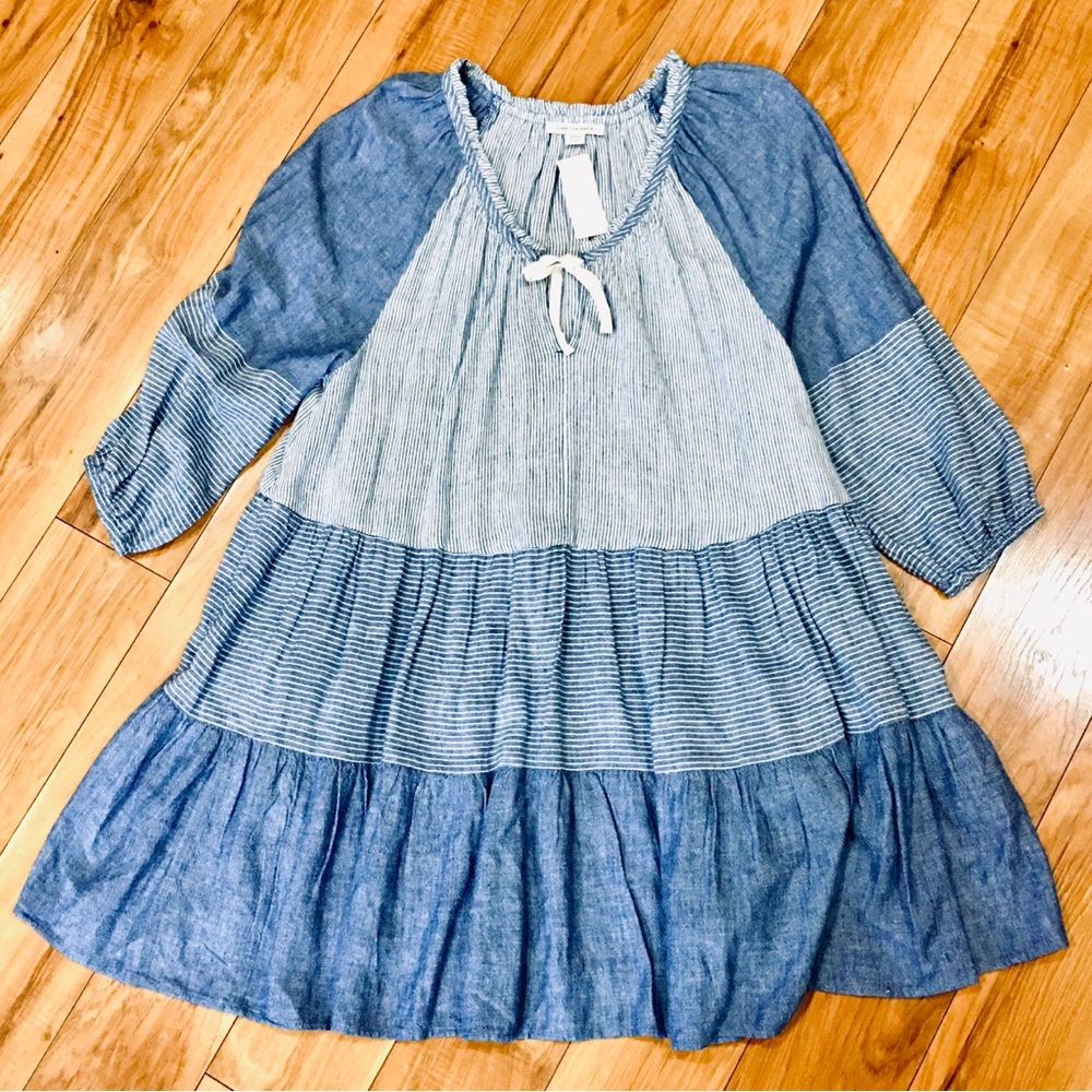 American Eagle AEO blue striped mini dress long sleeve tiered boho coast…